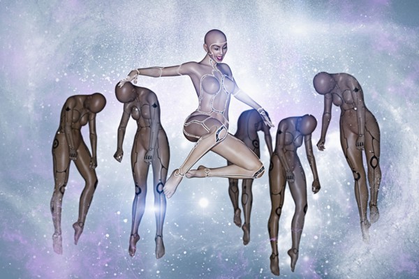 Women cyborgs floating in the cyberspace
