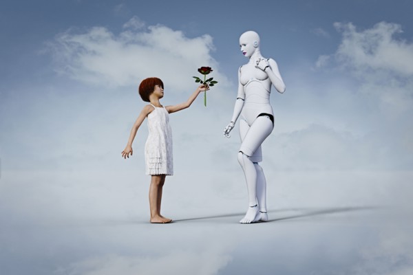 Girl offering flour to woman robot