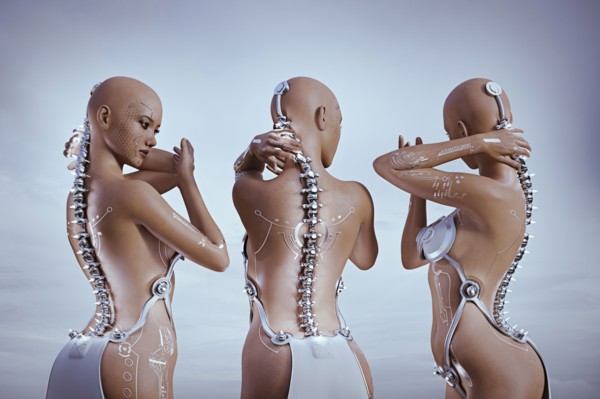 Cyborg women feeling metal spines