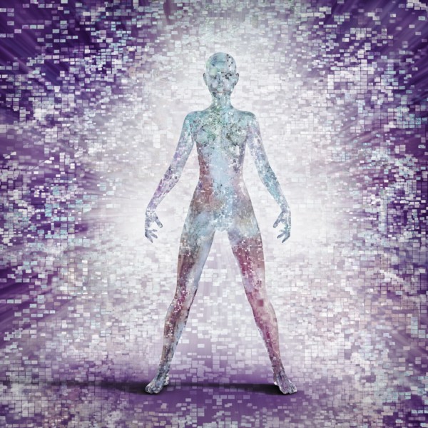 Futuristic woman glowing with pixels