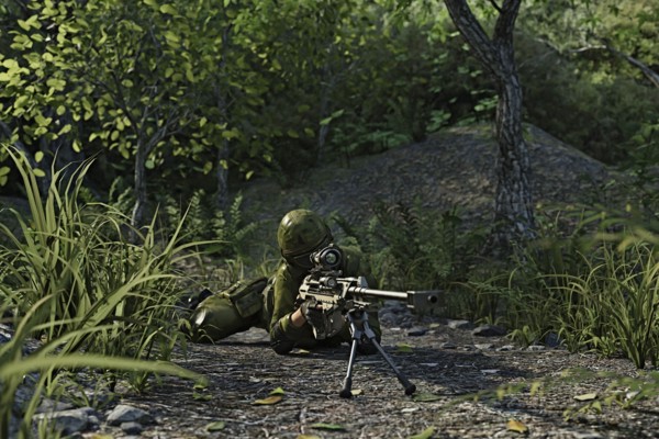 Futuristic soldier laying on the ground aiming rifle