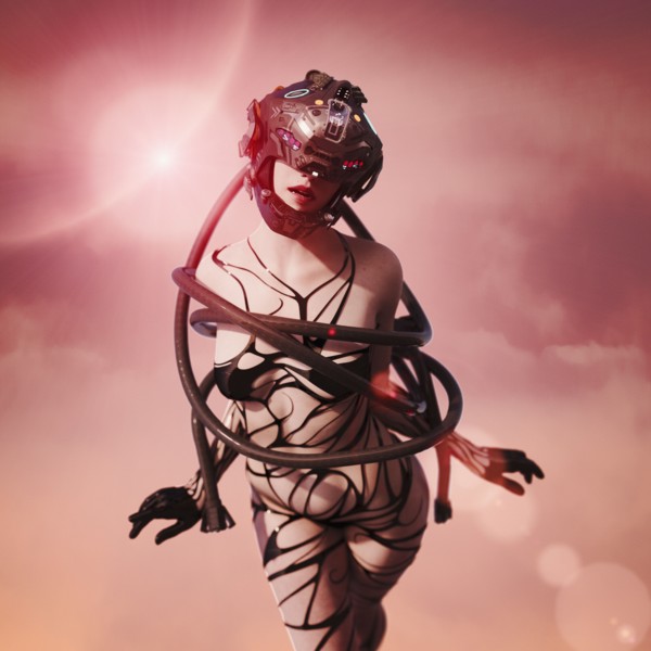 Woman wearing virtual reality helmet wrapped with hose