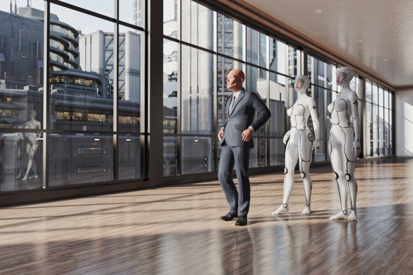 Women cyborgs following businessman
