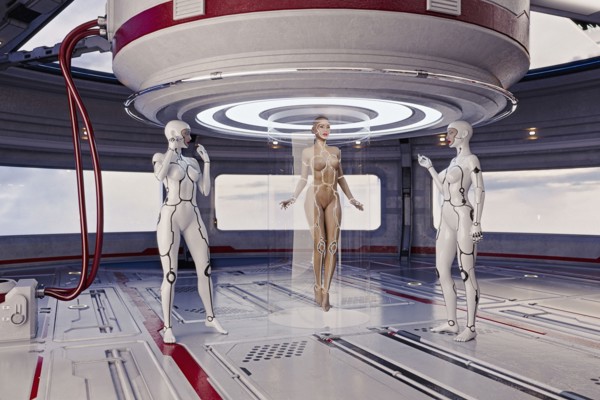 Women cyborgs using transporter