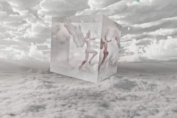 Angel in suspended animation in the clouds