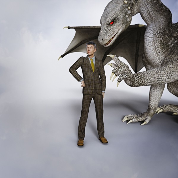 Dragon tapping businessmen on shoulder