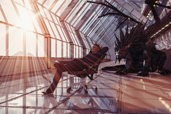 Dragon behind businessman leaning in chair