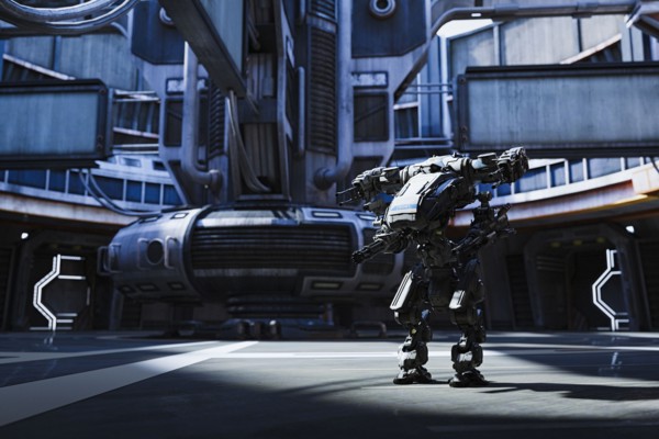 Robot with guns in futuristic city