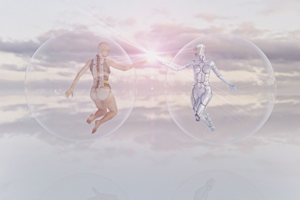 Futuristic women floating in sky in transparent spheres