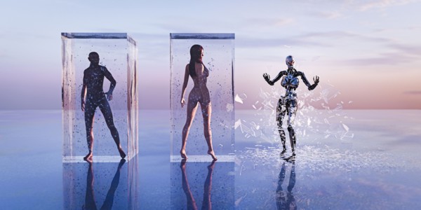 Robot breaking free from glass cube near man and woman