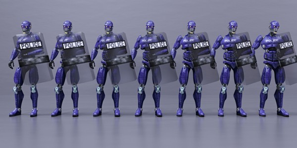 Futuristic robot police holding shields