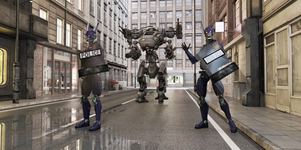 Futuristic robot police standing in city street