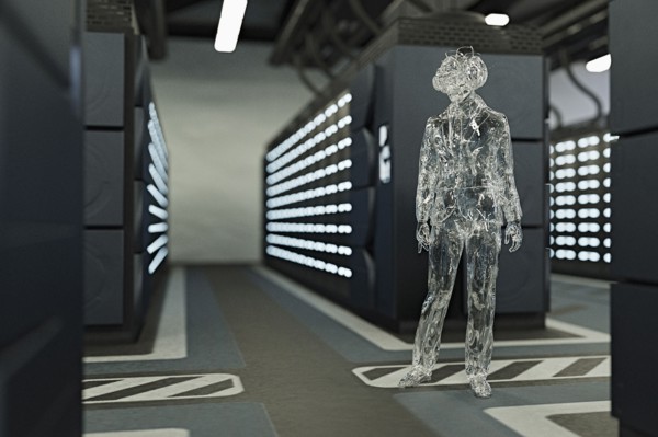 Transparent businessman wearing virtual reality goggles in server room