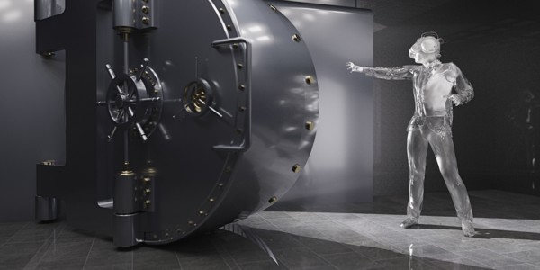 Businessman wearing virtual reality goggles opening vault