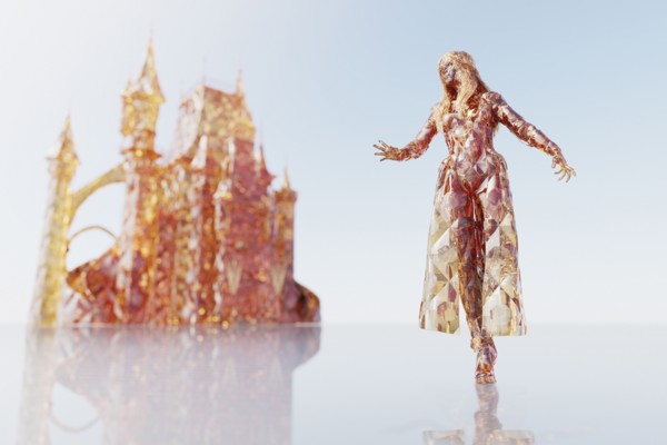 Futuristic woman near castle