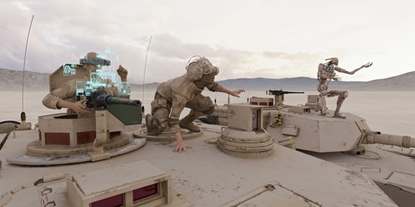 Soldiers and robot on tank wearing virtual reality goggles