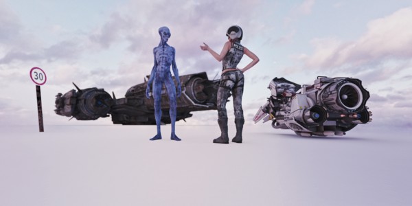 Futuristic police officer talking to speeding alien
