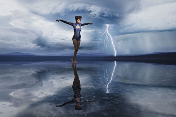 Reflection of the woman walking on ice and lightning
