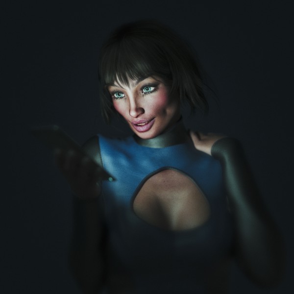 Smiling futuristic woman texting on cell phone