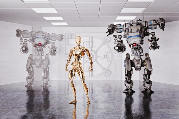 Robots guarding vault at bank