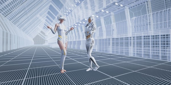 Robot with woman wearing virtual reality goggles in futuristic corridor