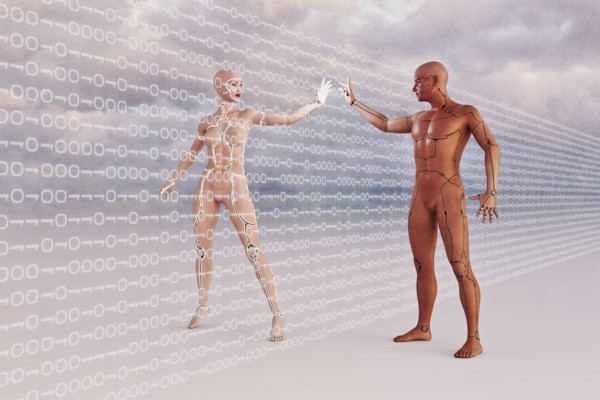 Futuristic man and woman touching through binary code