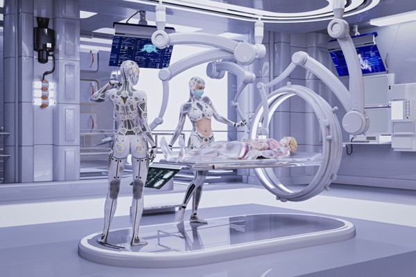 Futuristic nurses repairing cyborg