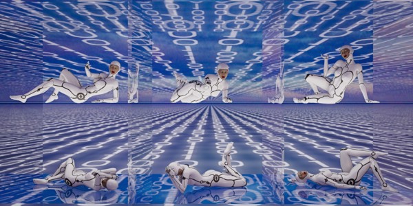 Cyborg women laying in binary code