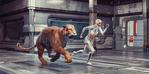 Futuristic woman robot racing tiger