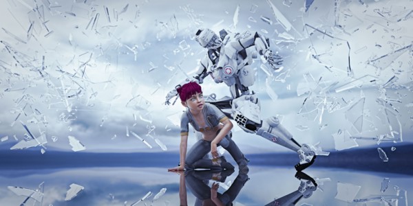 Robot protecting woman from falling shards of glass