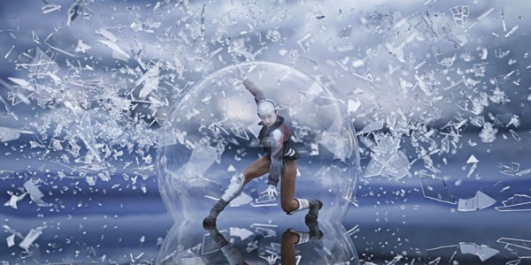 Futuristic woman in sphere protected from falling shards of glass