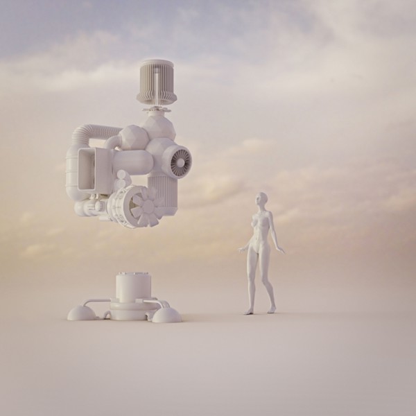 Android woman watching floating power plant