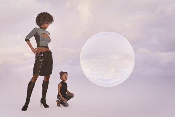 Surprised mother and daughter watching floating sphere