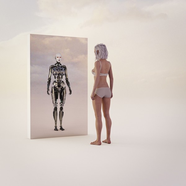 Woman looking at android reflection in mirror