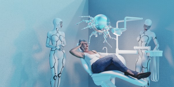 Android women watching robot perform dentistry on woman