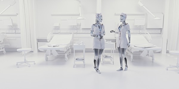 Robot nurses talking in hospital
