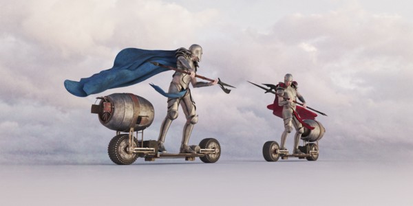 Knights jousting on futuristic skateboards