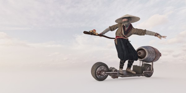 Traditional farmer riding futuristic skateboard