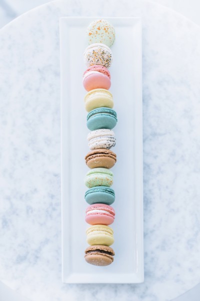 Overhead view of variety of macaroon cookies
