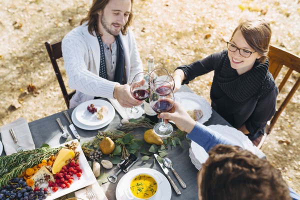 Caucasian friends toasting with wine at outdoor table