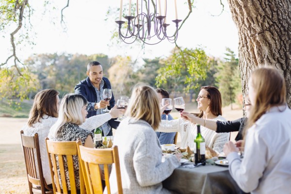 Friends toasting with wine at outdoor table