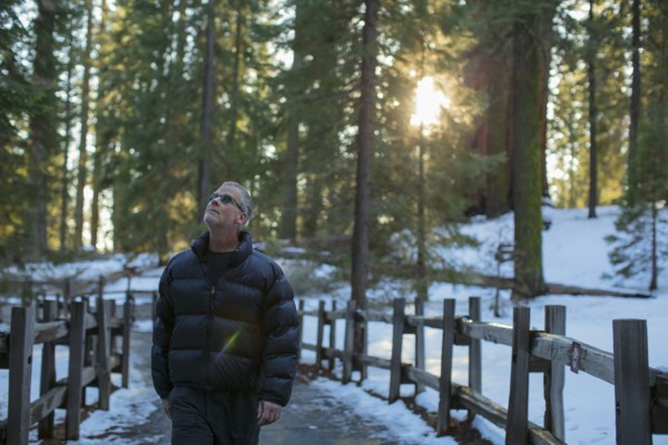 Caucasian man walking in snowy forest