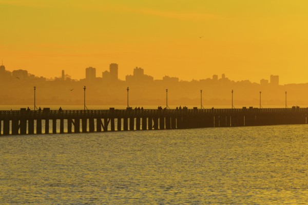 Silhouette of San Francisco city skyline over highway on bay