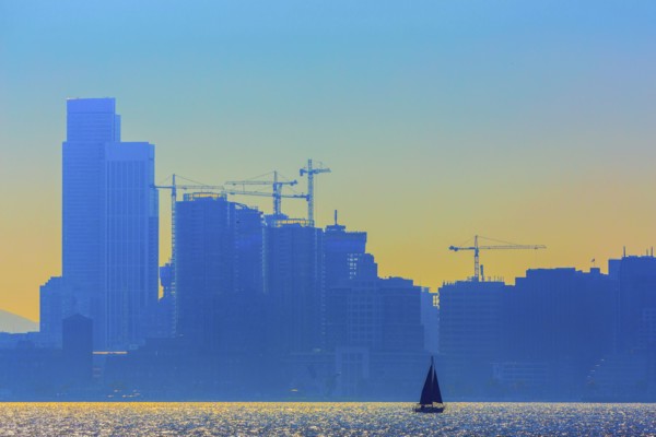 Silhouette of San Francisco city skyline over ocean