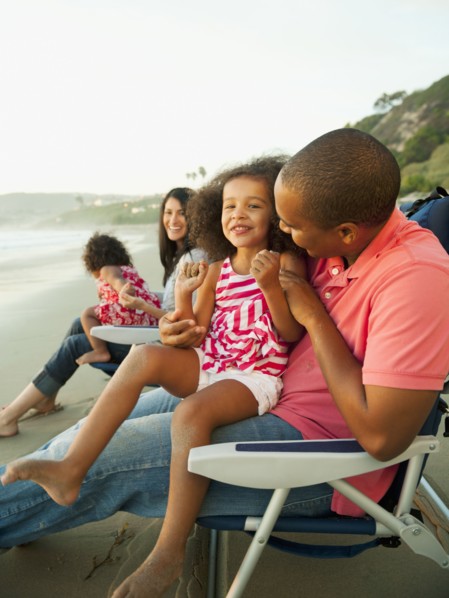 Family sitting together on beach