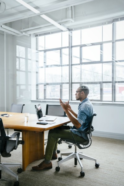 Black businessman on video conference