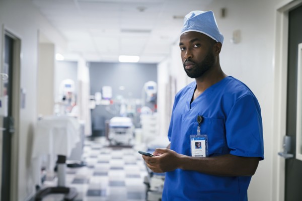 Portrait of black nurse texting on cell phone