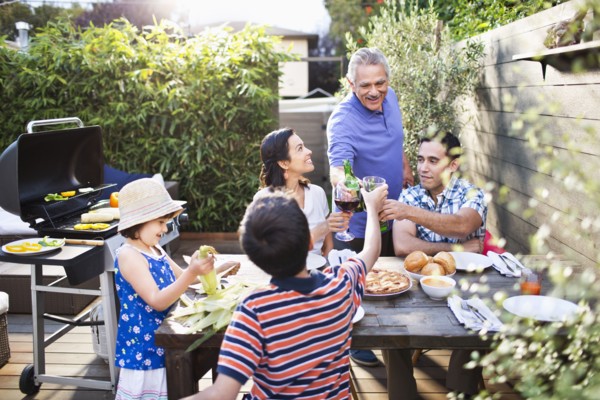 Family toasting each other at table outdoors