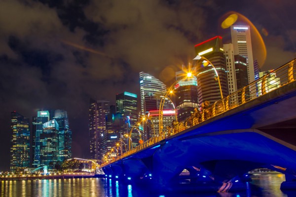 Singapore city skyline lit up at night