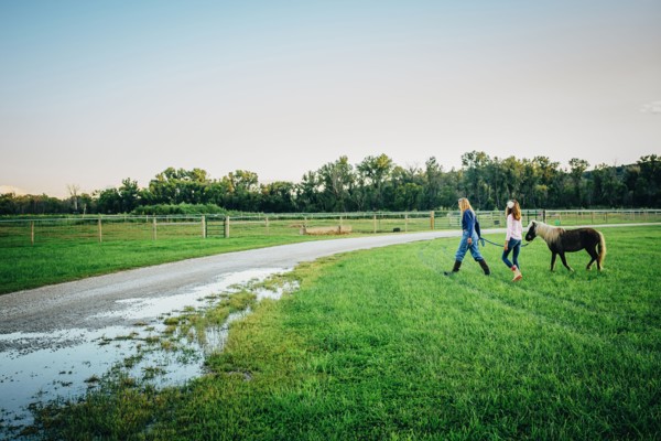 Caucasian mother and daughter walking miniature horse on farm